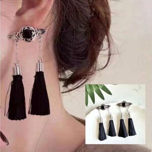 2/$30🌵 Black Tassel Earrings Double Sided Black Stone Fringe Western Gift NEW